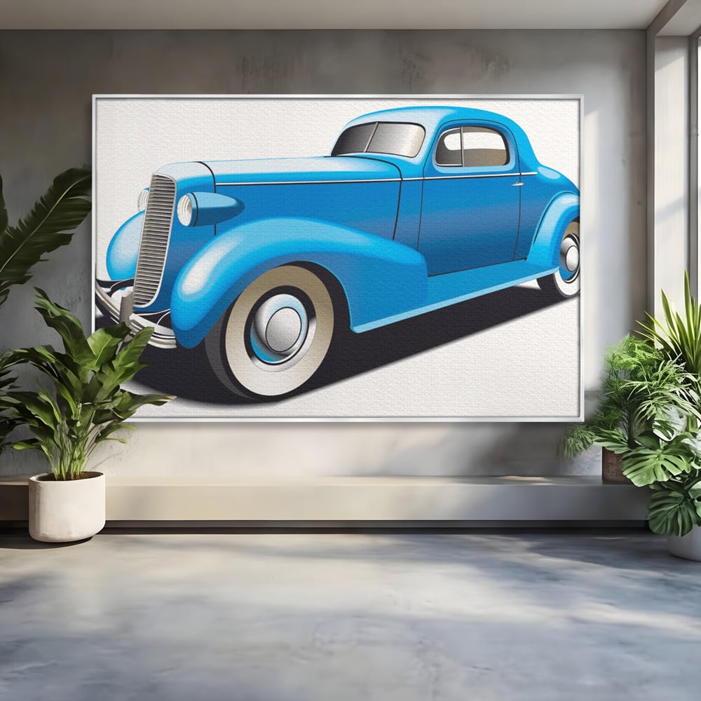 Tablou canvas cu ilustratie cu masina de epoca albastra, in rama de aluminiu argintiu